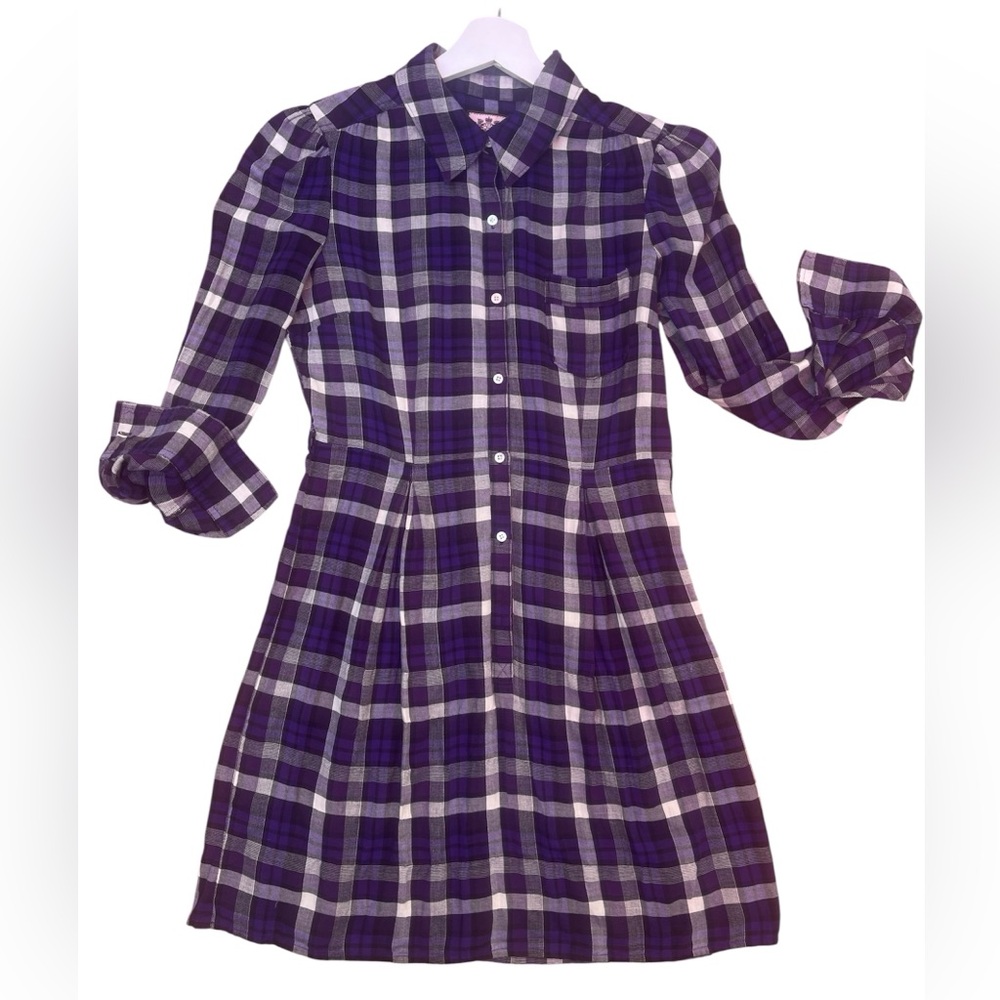 Petite Juicy Couture Plaid Collared Long Sleeves smock shirt Dress Size 4 Cotton